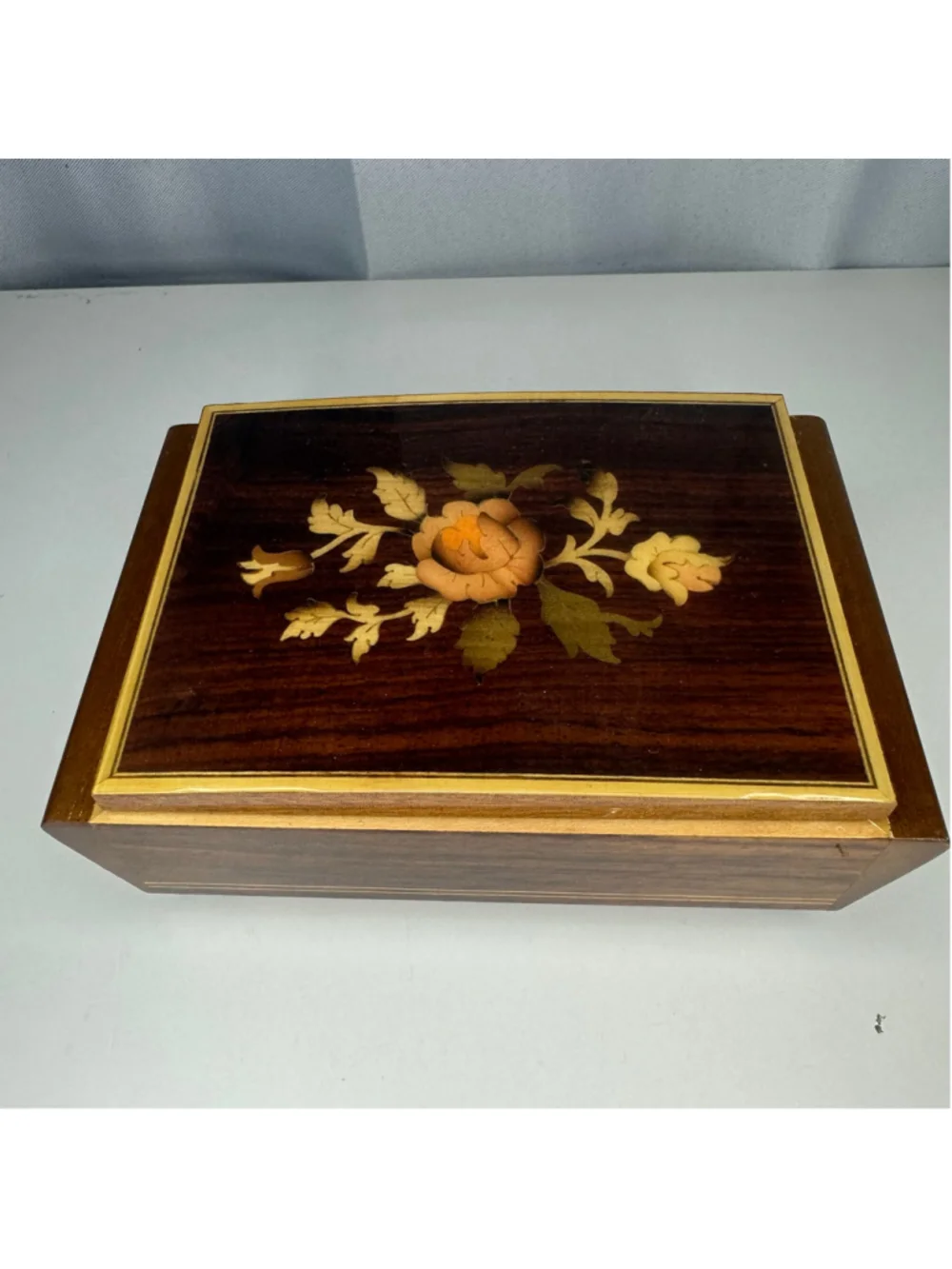 Vintage Inlaid Floral Wooden Jewelry Box Organizer Music Box Works Made in Italy